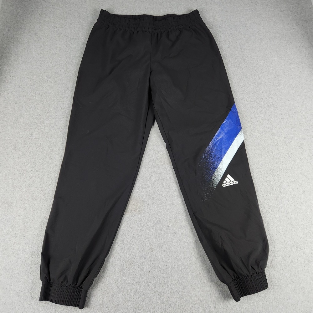 Adidas Track Pants Womens Medium Black Aeroready Blue Graphic Stripe Tapered Leg